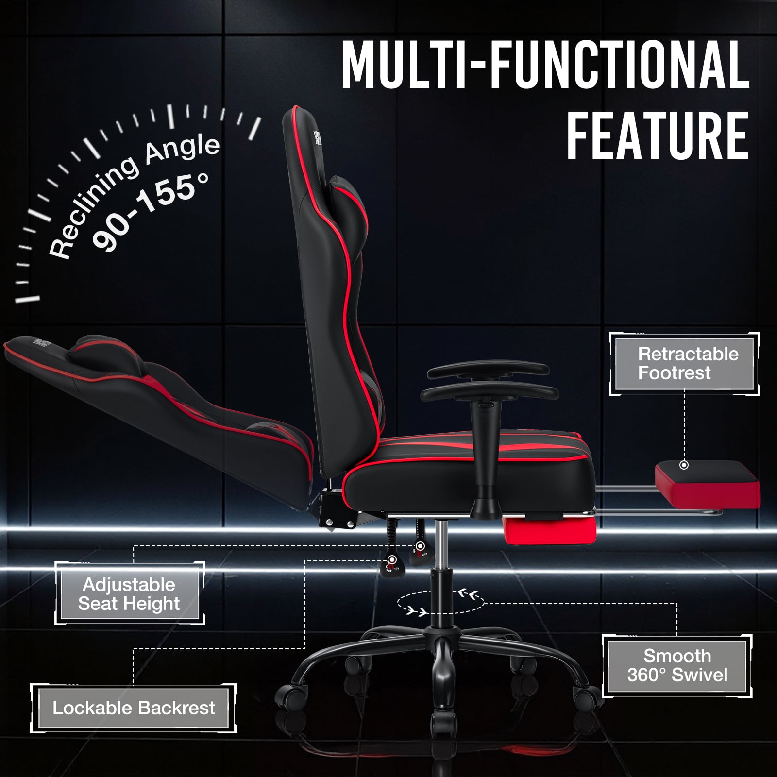 Hoffree Massage Gaming Chair with Footrest Ergonomic Design Gamer Chair with Adjustable Armrest for Adults and Teens Leather Game Chair with Headrest and Lumbar Support