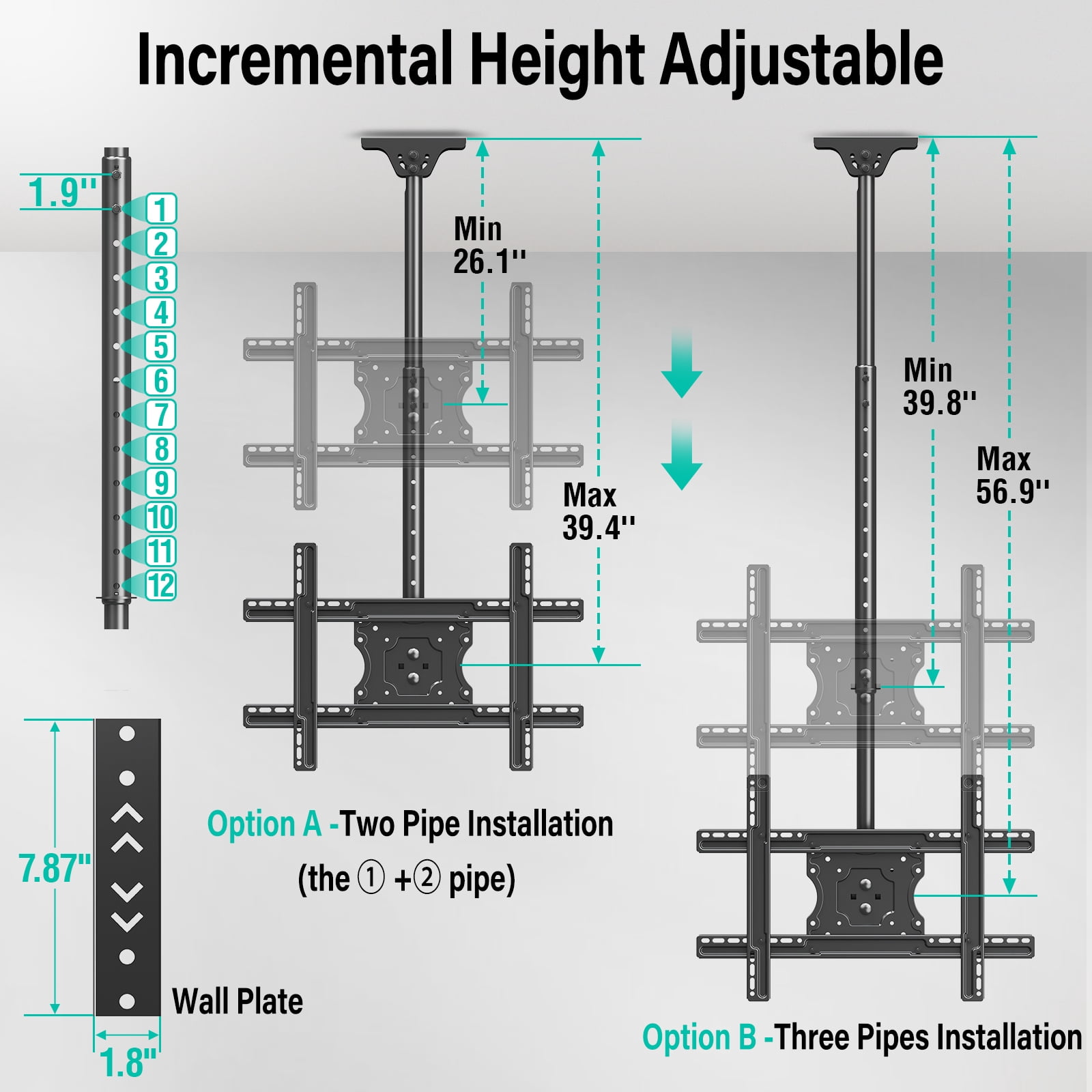 MOUNT PRO Ceiling TV Mount for Most 37-75 Inch TVs, 56.9" Height Adjustable Full Motion Ceiling Mount for Flat or Sloped Roof, Holds up to 99 lbs, Max VESA 600x400mm