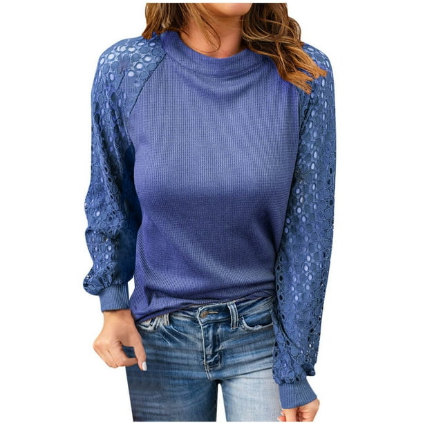 Jersey de punto de manga larga con costura de encaje de color sólido con cuello redondo informal para mujer Pompotops qwe23717