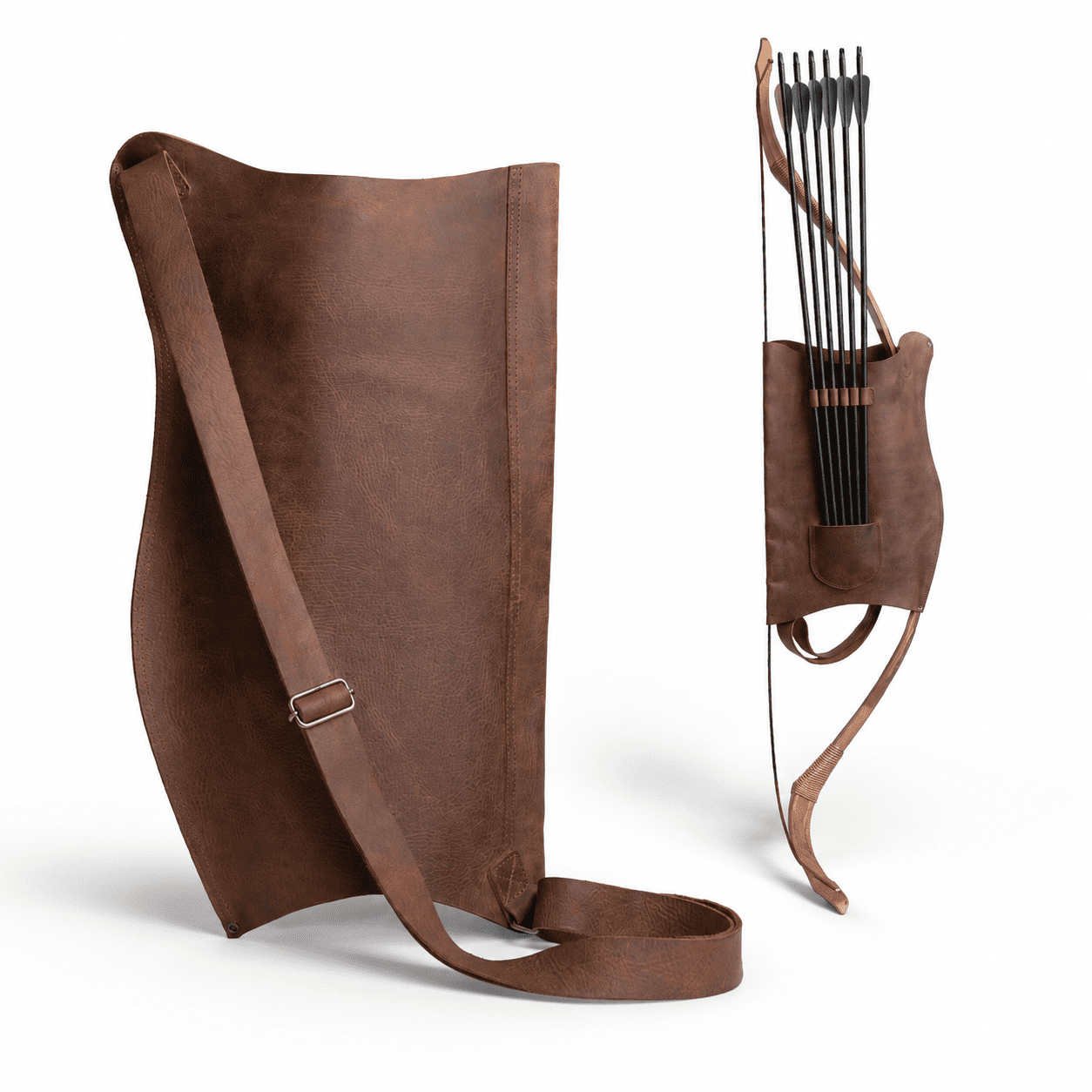 Brown Full Grain Leather Handmade Archery Bow Carrier with Arrow Slots