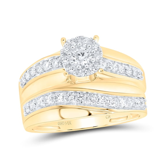 14K Yellow Gold His Hers Round Diamond Cluster Matching Wedding Set 1 Cttw, Womens Size: 5-10, Mens Size: 7-13