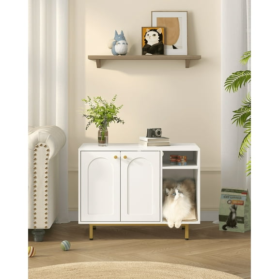 Hzuaneri Cat Litter Box Enclosure, Litter Box Furniture, Wooden Pet House, White and Gold 01503GCLB
