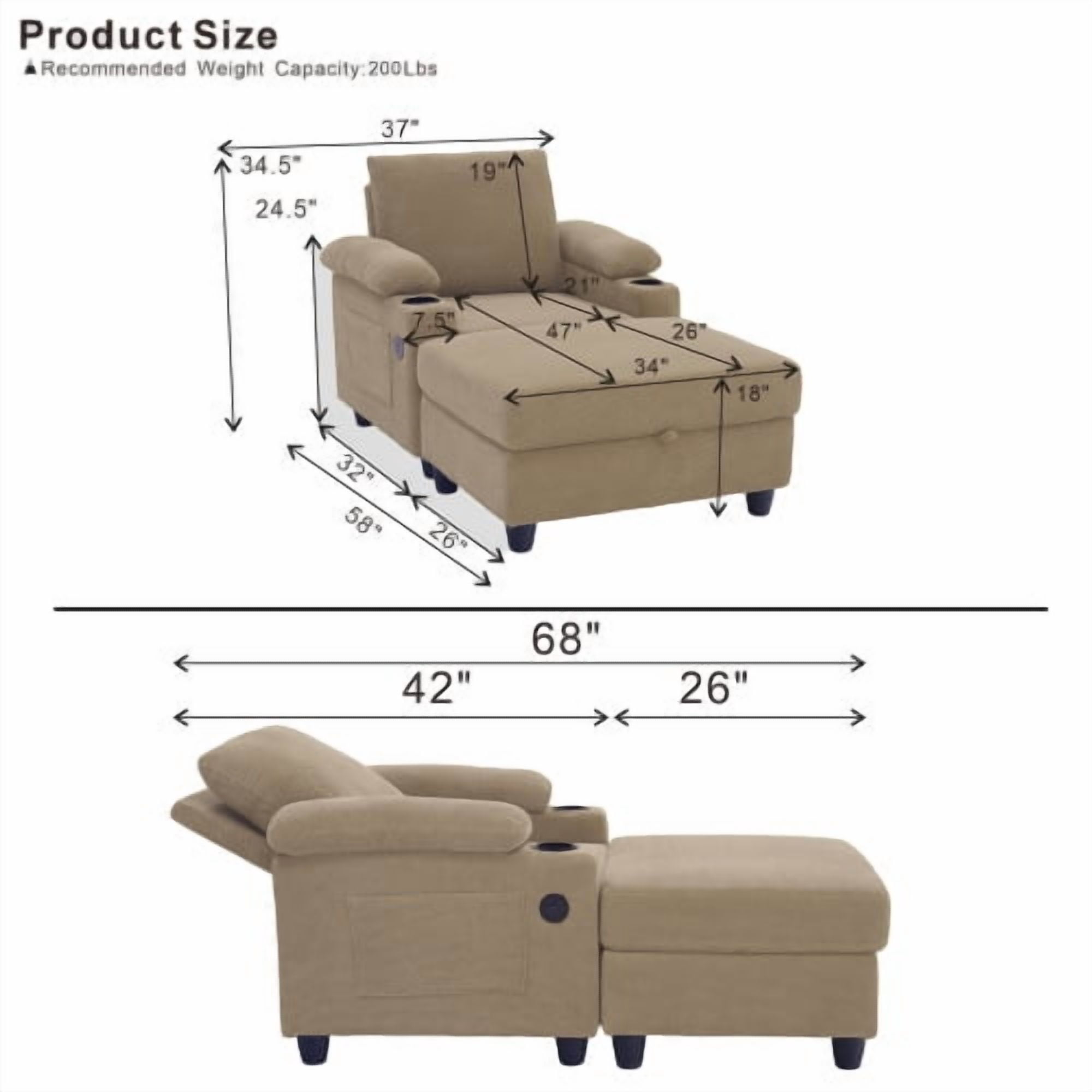 Accent Chair and Storage Ottoman Set, Convertible Single Chaise Lounge Sleeper Bed with Reclining Backrest, Dual Cup Holders, USB-C Ports, Side Storage Pocket, Camel