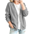 thumbnail image 4 of QINGFSAP Womens V Neck Sweatshirt Long Sleeve Button Pocket Loose Fit Casual Fall Winter Top, 4 of 6