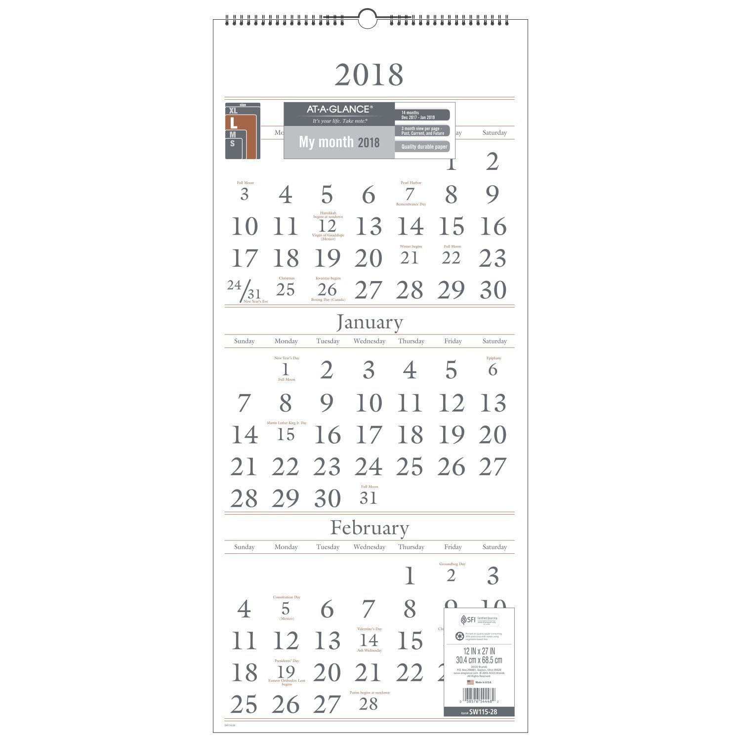 At A Glance Wall Calendar 18 December 17 January 19 3 Month Display 12 X 27 Wirebound Vertical Sw Calendar Covers 14 Months From December By Ataglance Walmart Com Walmart Com At A Glance Wall Calendar 18 December 17 January 19 3 Month Display 12 X 27 Wirebound Vertical Sw Calendar Covers 14 Months From December By Ataglance Walmart Com Walmart Com
