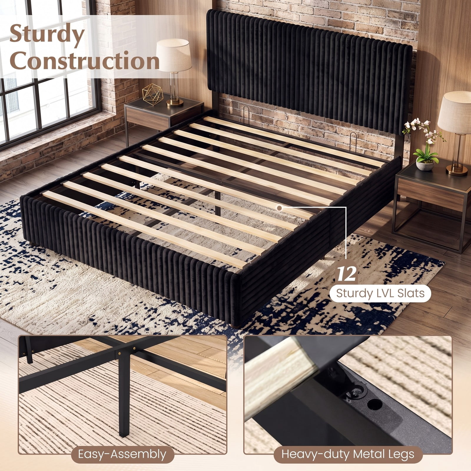 Furnibear Queen Size Lift Up Storage Bed Frame with Channel Tufted Upholstered Headboard, Platform Bed with Wooden Slat Support for Bedroom, Black