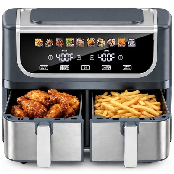 9.5 Qt Dual Basket Air Fryer, 10 in 1 Digital Touchscreen, 1700W Large Family Air Fryer with Independent Dual Baskets, Gray