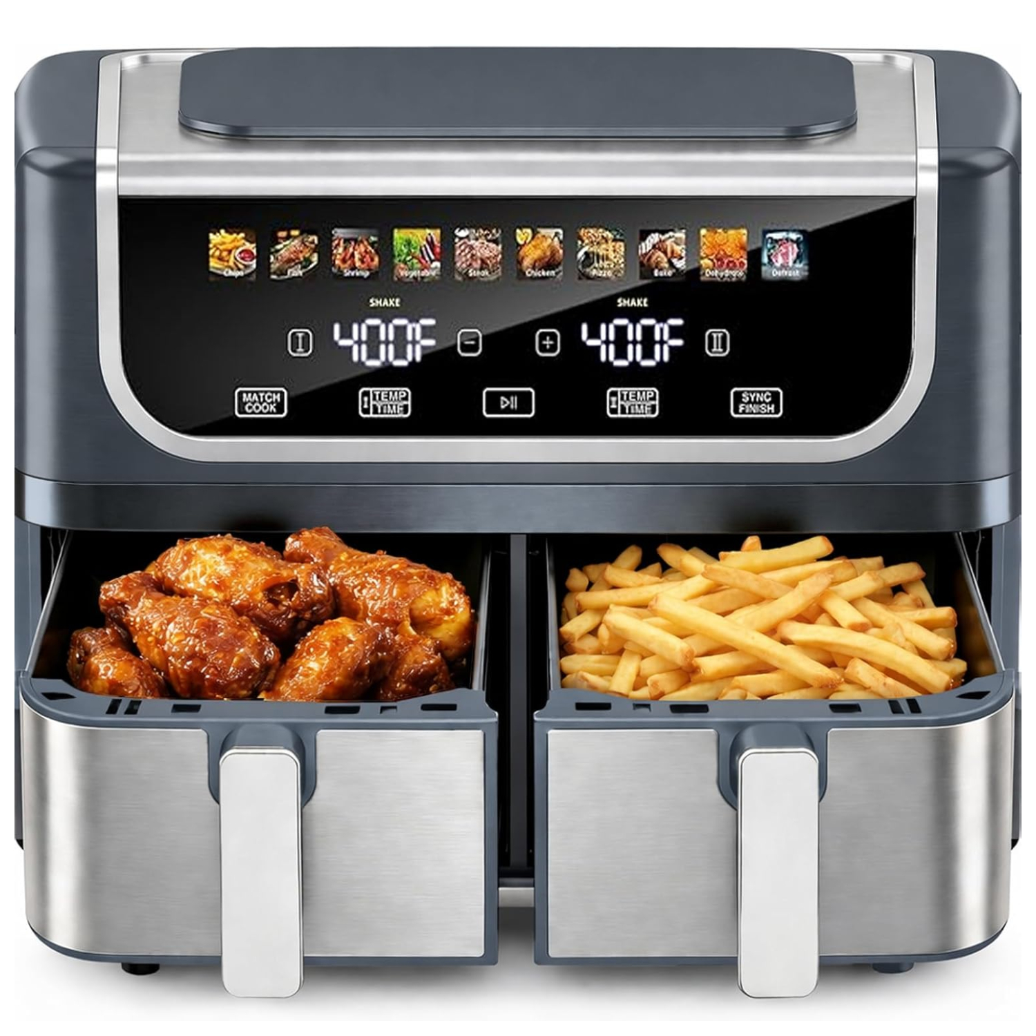 9.5 Qt Dual Basket Air Fryer, 10 in 1 Digital Touchscreen, 1700W Large Family Air Fryer with Independent Dual Baskets, Gray