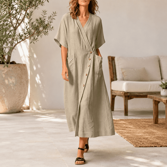 Dpjklzsn Women's Cotton Linen Button Down Dress, V Neck Short Sleeve Loose Fit Maxi Shirt Dress with Pockets