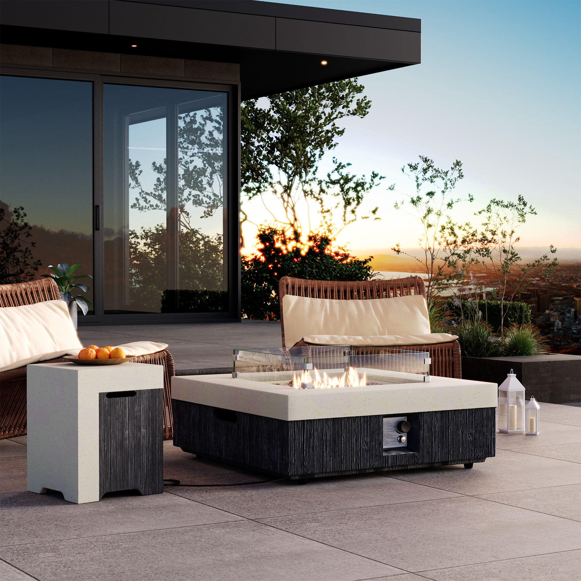 VENTOPYR 35" Square Outdoor Propane Fire Pit Table with Tand and Wind Guard