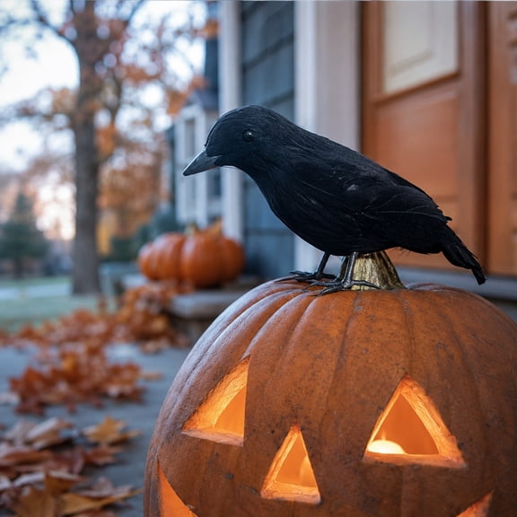Halloween Black Crow Prop 5.9 Inch Realistic Feathered Raven Figurine with Beak and Eyes for Haunted House Party Tabletop Mantel Pumpkin Decor