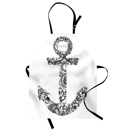 Vacation Shapes (Anchor Apron Anchor Shape Flower Floral Ornamental Silhouette Vacation Old Times Happiness Print, Unisex Kitchen Bib Apron with Adjustable Neck for Cooking Baking Gardening, Black White, by)