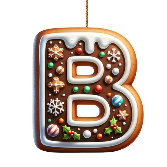 2D Acrylic Gingerbread Alphabet Letter B Pendant Ornament For Christmas Tree Decoration, Flat Design With Snowflake Berries And Candy Patterns, Great Gift For Friends And Family