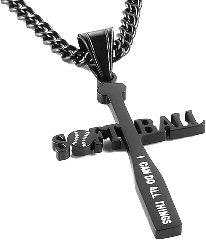 HZMAN Softball Bat Cross Pendant, I CAN DO ALL THINGS STRENGTH Bible