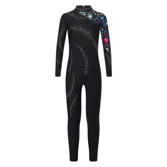 Aislor Kids Girls Full Body Unitard Sparkly Long Sleeve Ballet Leotard Catsuit Gymnastics Dance Black 6