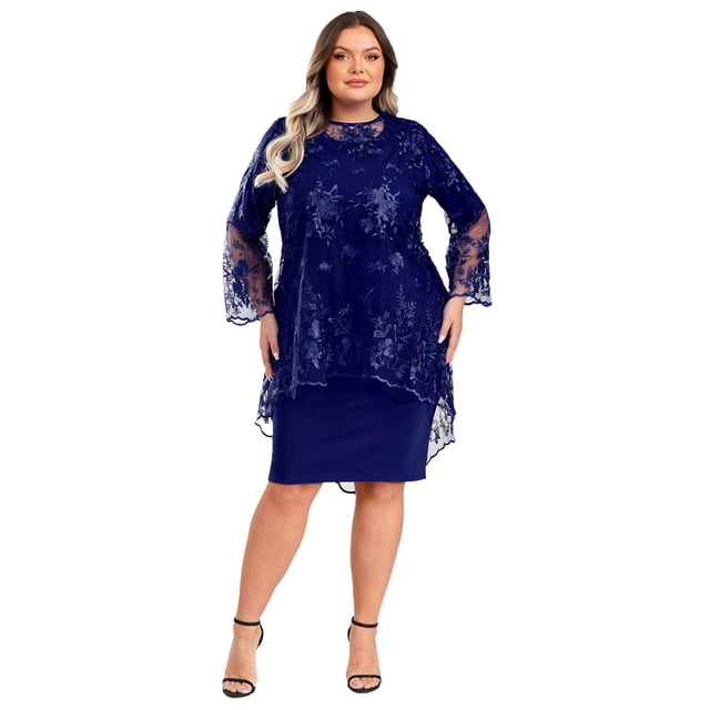 Xnihocha Robe Grande Taille pour Femmes Costume Manches Longues Mère de la Mariée Ensemble Invité de Mariage Robe de Bal Bleu Marine TG/1TG