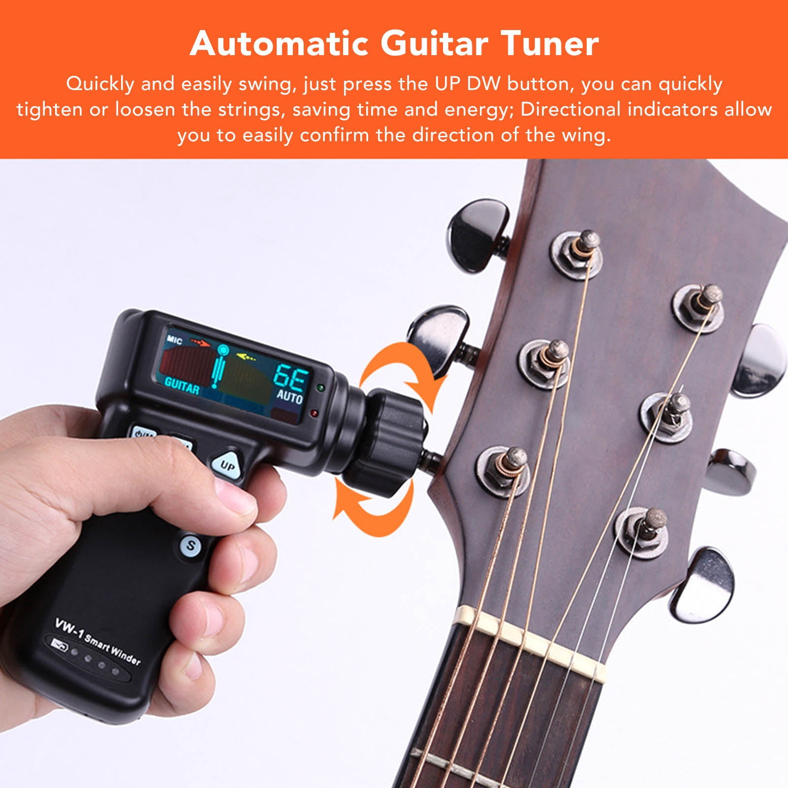 YAHHU Automatic Guitar Winder Color Display 2600mA Fast Acoustic Guitars Auto Tuner for Guitar Ukulele, Black (6.3 inches / 16 cm) Rechargeable Electric String Winder