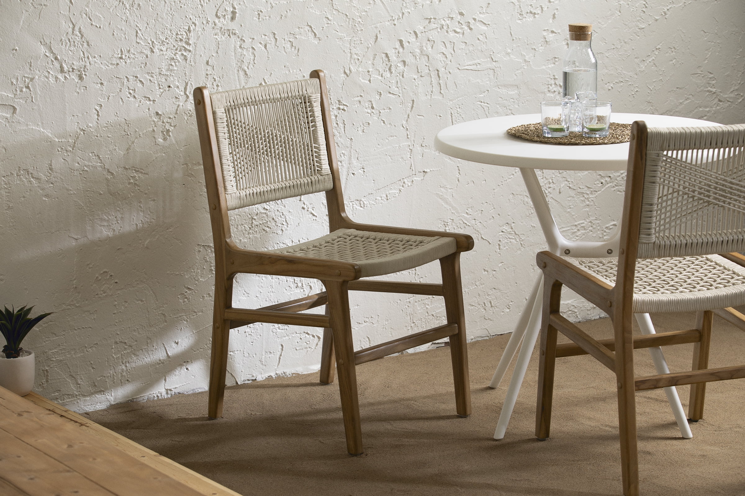 South Shore Agave Woven Rope and Teak Dining Chair, Set of 2, in Cream and Natural