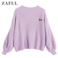 thumbnail image 1 of ZAFUL Women Casual Loose Badge Patched Oversized Pullover Sweater Wisteria Purple One Size, 1 of 5