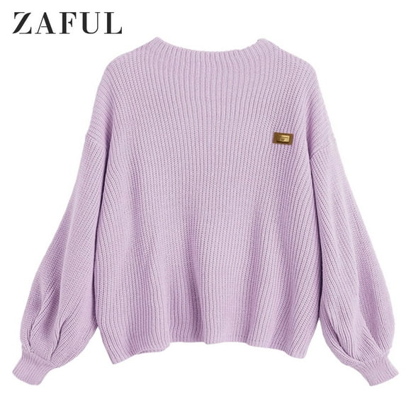 ZAFUL Women Casual Loose Badge Patched Oversized Pullover Sweater Wisteria Purple One Size