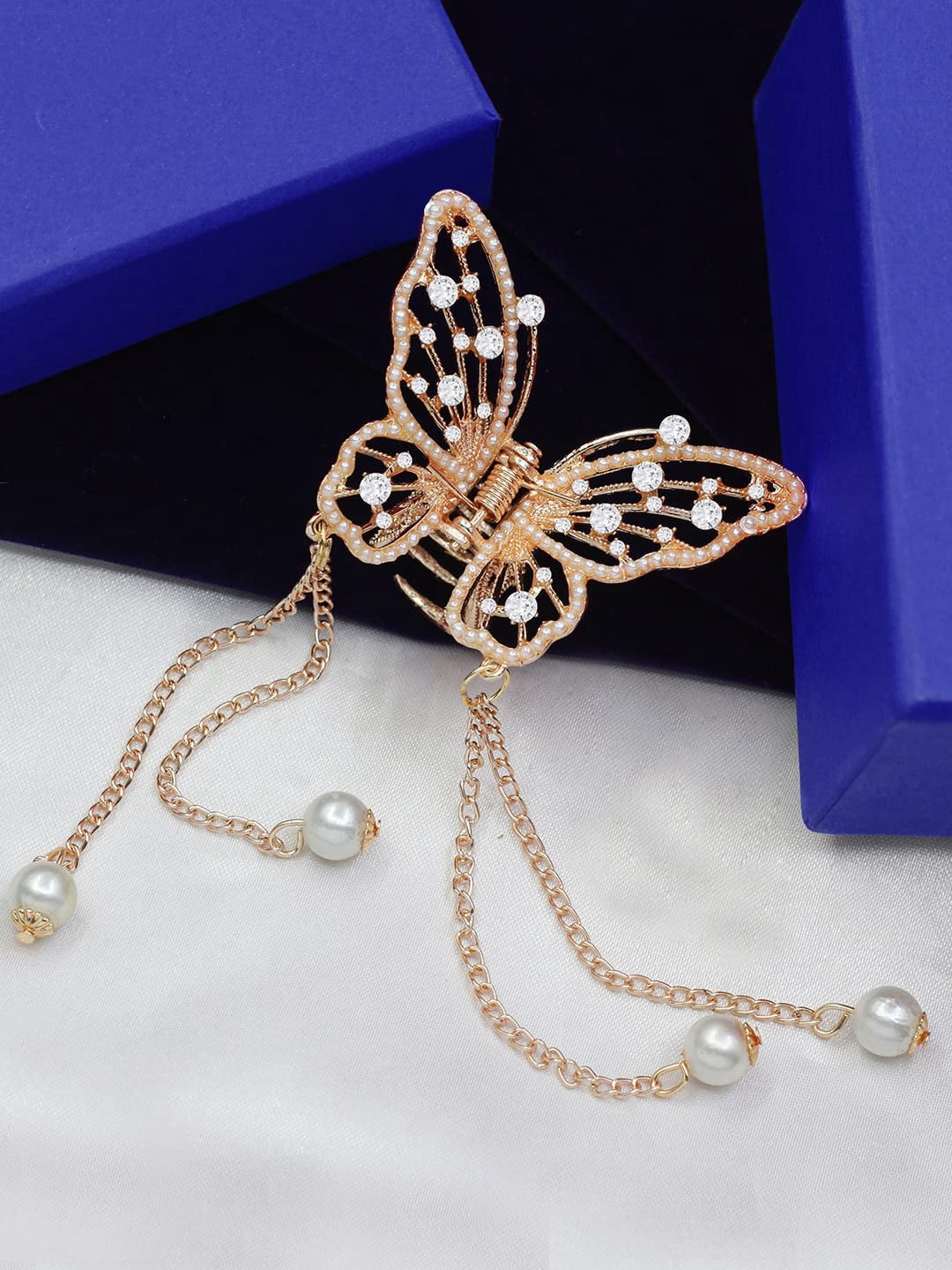 Radhna Crystal Pearl & Stone Rose Gold Plated Butterfly Hair Clip Tassels Hair Pins Shine Party Jewellery - Hair Clips For Girls & Women Pack of 1