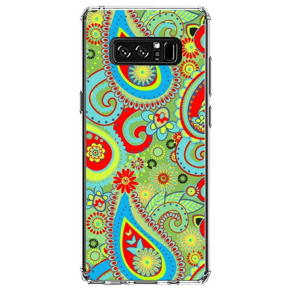 DistinctInk Clear Shockproof Hybrid Case for Samsung Galaxy Note 8 - TPU Bumper, Acrylic Back, Tempered Glass Screen Protector - Green Red Blue Paisley