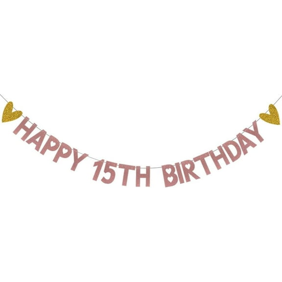 HAPPY 15TH BIRTHDAY Banner,Pre-Strung,Rose Gold Paper Glitter Party Decorations for 15 Years Old 15TH Birthday Party Supplies Letters Rose Gold