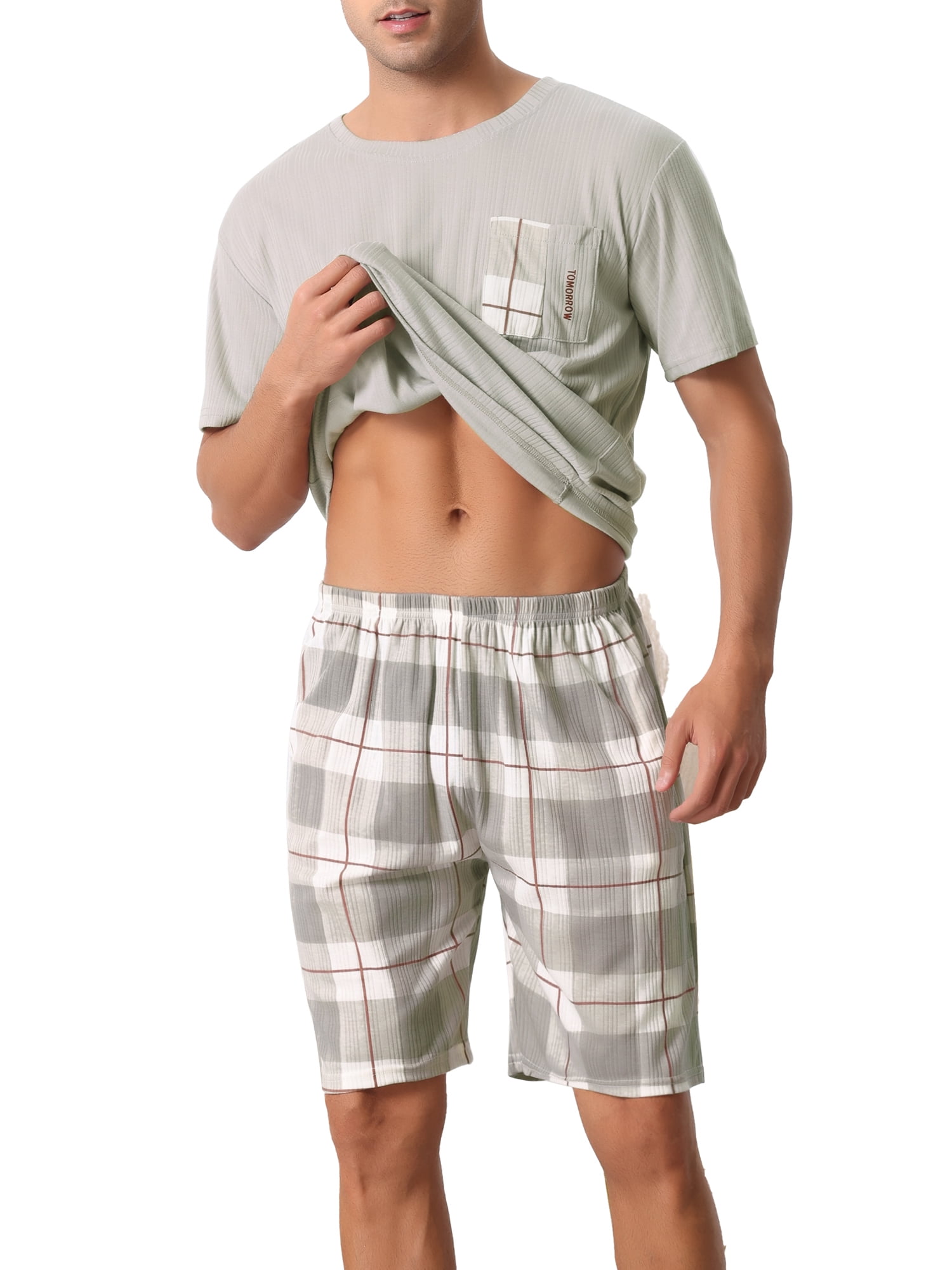 Unique Bargains Men's Sleepwear Plaid Short Sleeve T-Shirt with Shorts Couple Pajama Set L Gray
