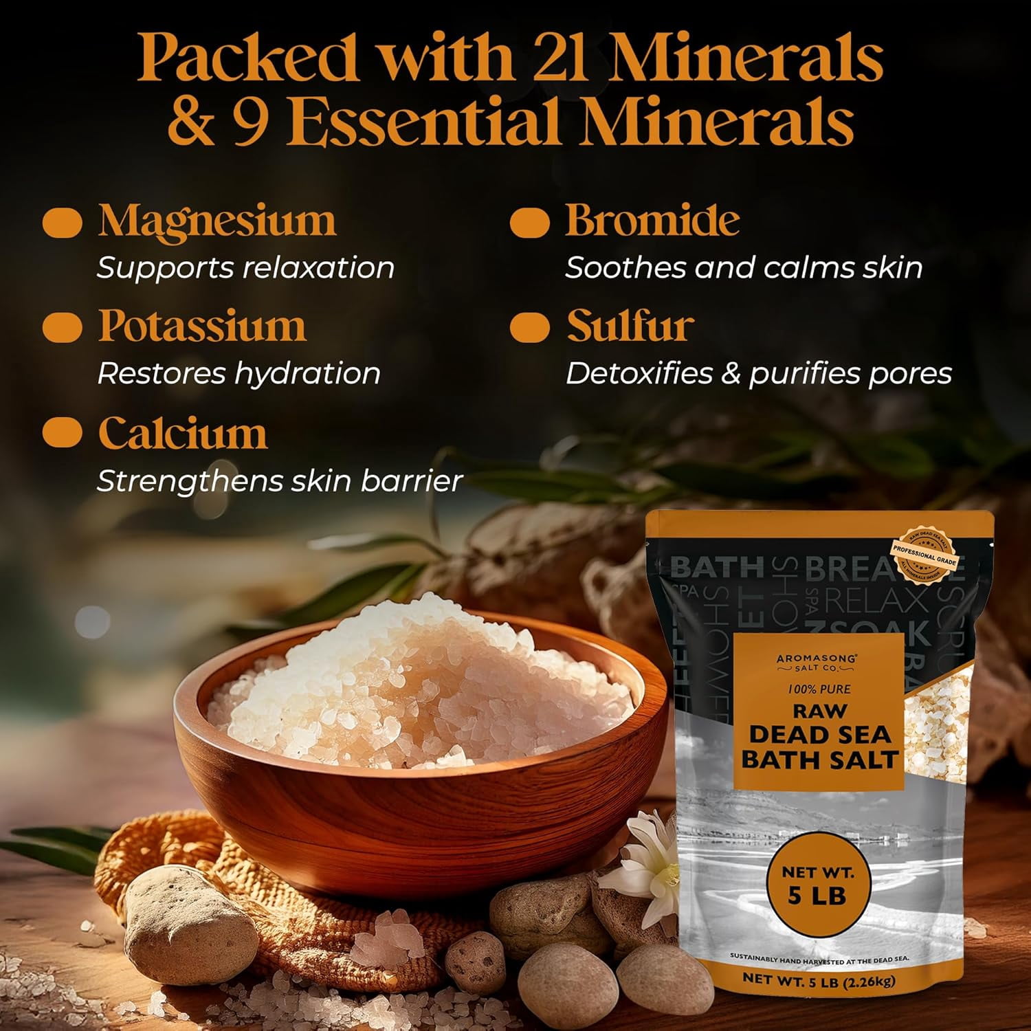 Aromasong Raw Dead Sea Bath Soak, Mineral Rich, Resealable Bags, 10 lb  (2 x 5 lb. Bags) Bulk Resealable Pack