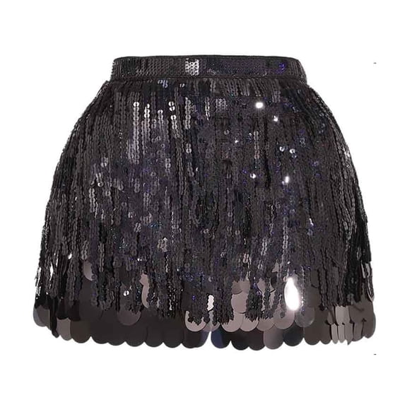 DHFJKG Skirts For Women Belly Dance Glitter Sequins Tassels Mini Skirt With Elastic Waistband Party Nightclub Wear Stylish Skirt