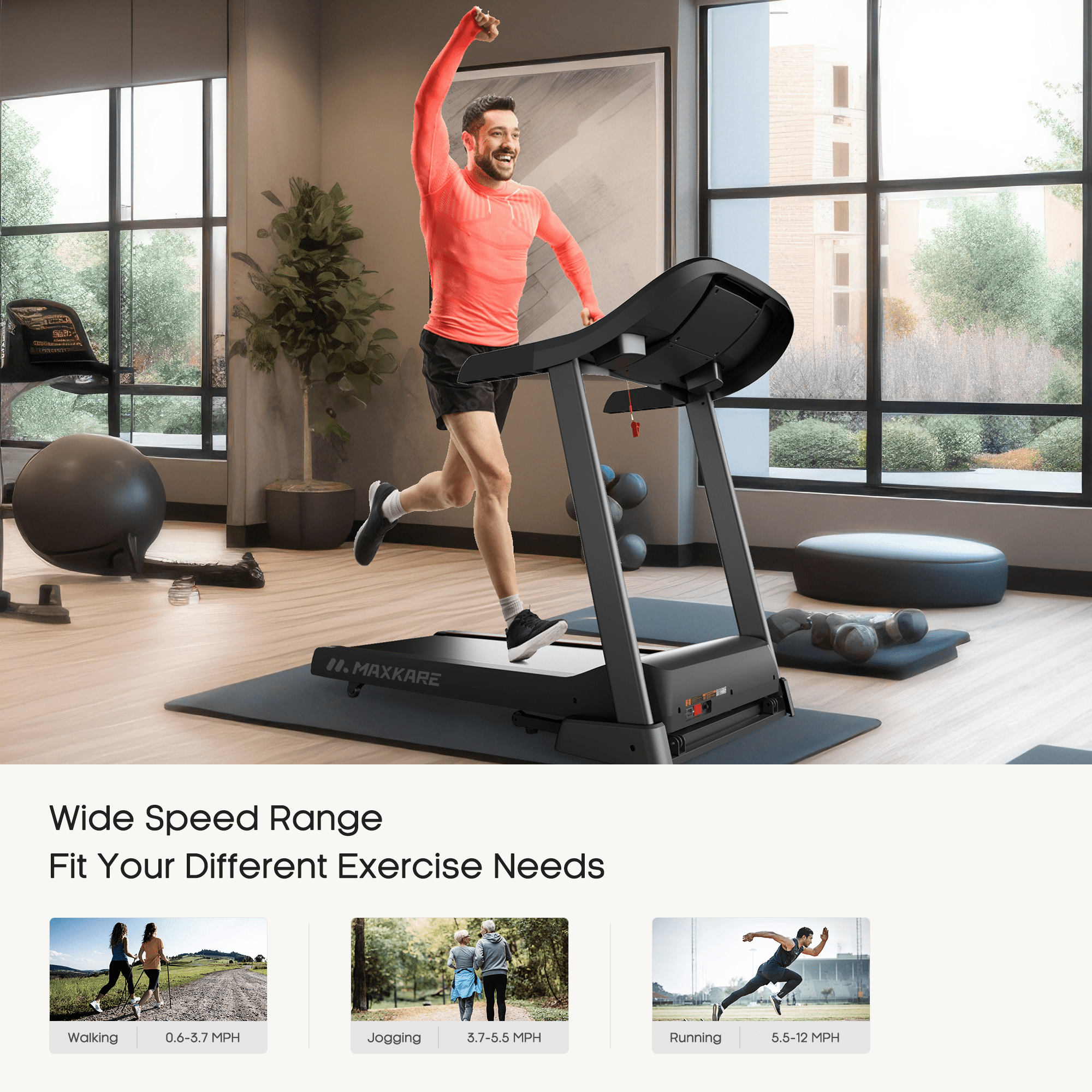 MaxKare 20" Folding Treadmill 300lbs with 15 Level Auto Incline, 3.5HP, 12MPH, Portable Treadmills for Home with Bluetooth/Zwift App Compatible