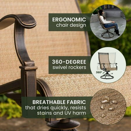 Hanover Manor 9-Piece Outdoor Patio Dining Set with 8 PVC Sling Swivel Rockers and Rust-Free Aluminum 60" Square Dining Table | MANDN9PCSWSQ-8