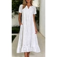 thumbnail image 5 of sicmoss Women's White Eyelet Lace Short Sleeve Midi Dress with Ruffle Hem Floral Cotton and Pocket, 5 of 7