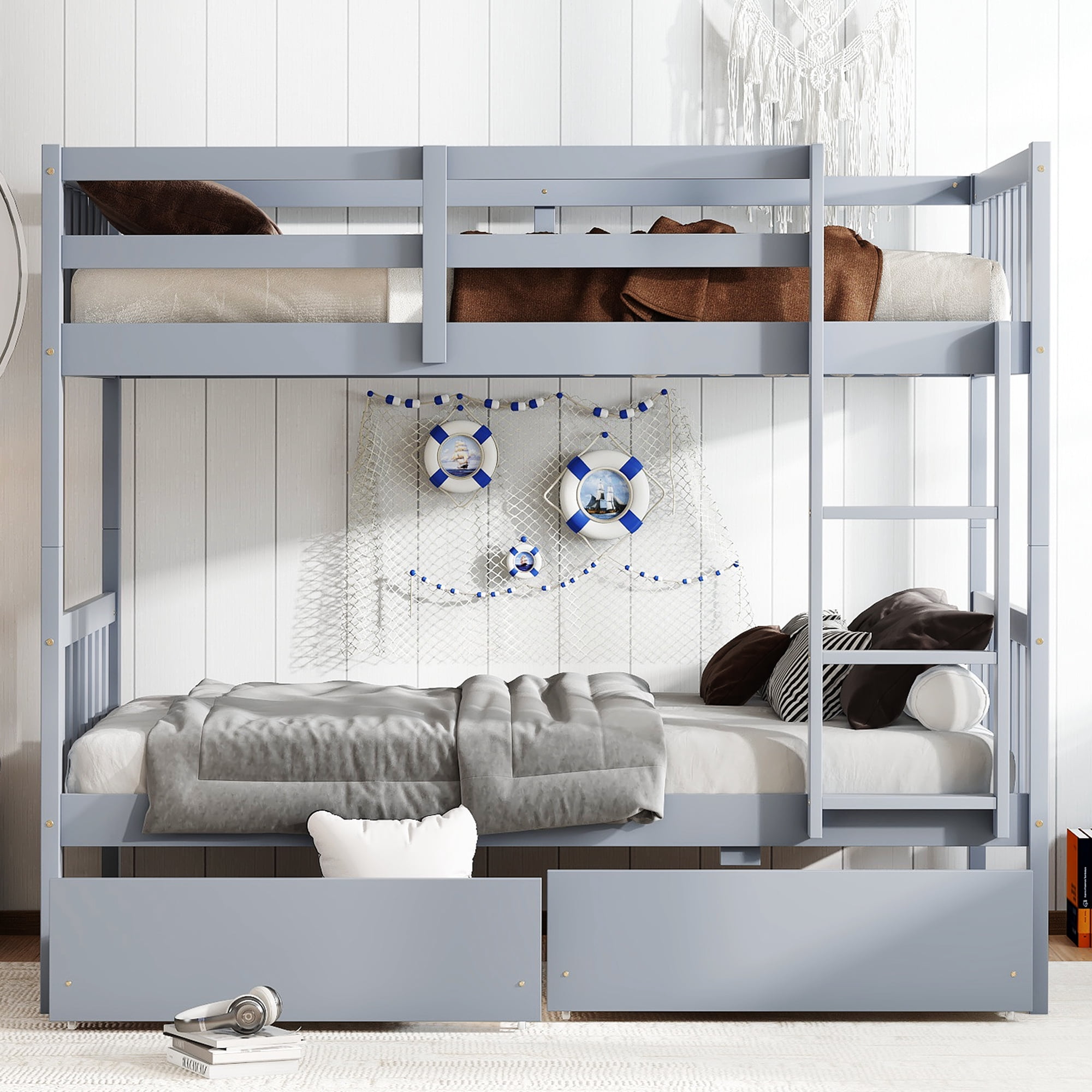 Sailvan Twin Over Twin Rubber Wood Bunk Bed with 2 Drawers, Convertible into 2 Twin Beds