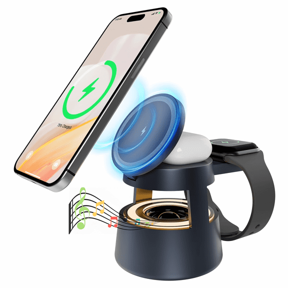 5 in 1 Wireless Charging Station, 15W Fast Charging Wireless Charger for iPhone AirPods iWatch With MagSafe,Bluetooth Speakers,Mushroom Light Compatible with iPhone 8 and above Series
