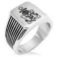 thumbnail image 1 of Stainless Steel Jolly Roger Pirate Skull Rope & Anchor Needle Stripe Pattern Biker Style Polished Ring, 1 of 1