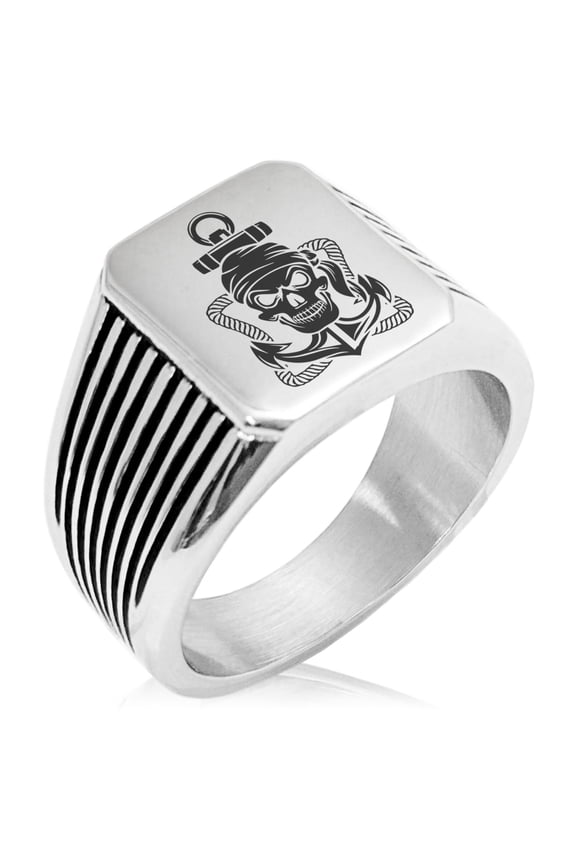 Stainless Steel Jolly Roger Pirate Skull Rope & Anchor Needle Stripe Pattern Biker Style Polished Ring