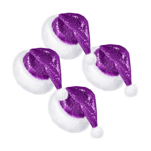 wonima44 4 Pcs Adult Sequin Santa Hat Unisex Shiny Christmas Santa Claus Hat with Lining Plush Brim for Women Men