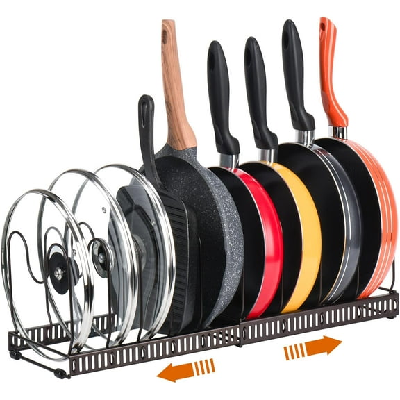 Pots and Pans Organizer Rack for Cabinet and Countertop, 10  Pot Lids, Bakeware and Cookware Organizer Rack Holder with 10 Adjustable Compartments - Brown