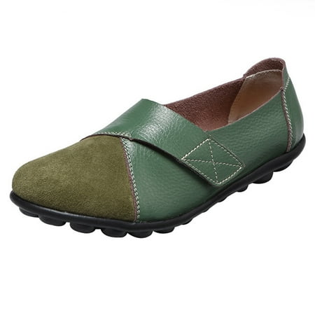 

HRSR Orthopedic PU Leather Loafers Soft Sole Casual Flats Shoes for Women Students(Green 37)