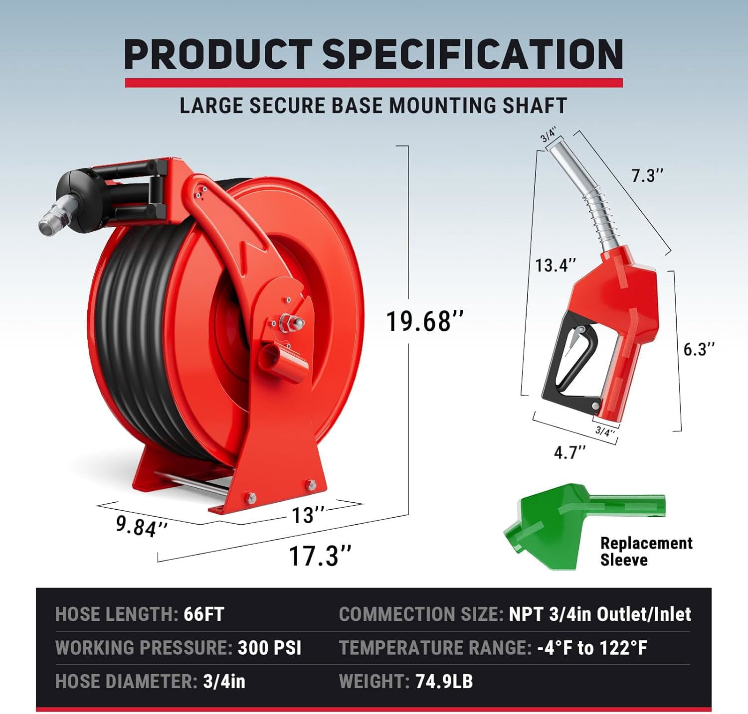 Fuel Hose Reel Retractable, 3/4" x 66FT with Fueling Nozzle, Auto Rewind Spring Driven Diesel Hose Reel, 300PSI Industrial Heavy Duty Steel Construction Reel for Farm Aircraft Ship Vehicle Trailer