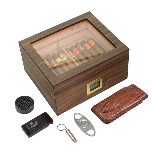 Luxurious Cigar Humidor, Handcraft Cigar Humidors Kits with Cutter, Cigar Box Hold 30-50 Cigars 100% Cedar Wood Caseï¼Excluding batteries, gas and cigarsï¼