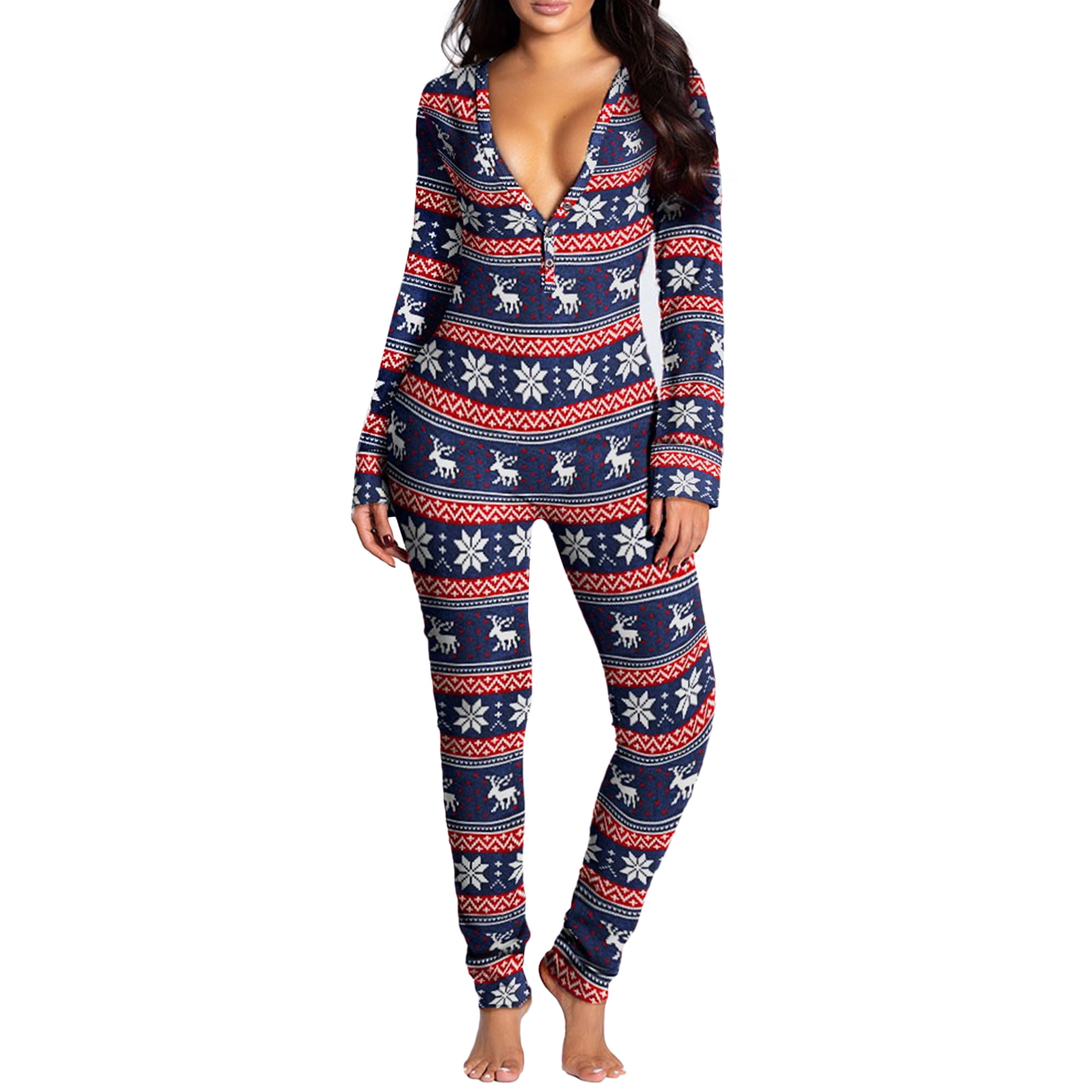 Mawclos Ladies Romper Long Sleeve Bodycon Pajamas Button Back Flap Jumpsuit Comfy Home Clothes V Neck Sleepwear Royal Blue M Other