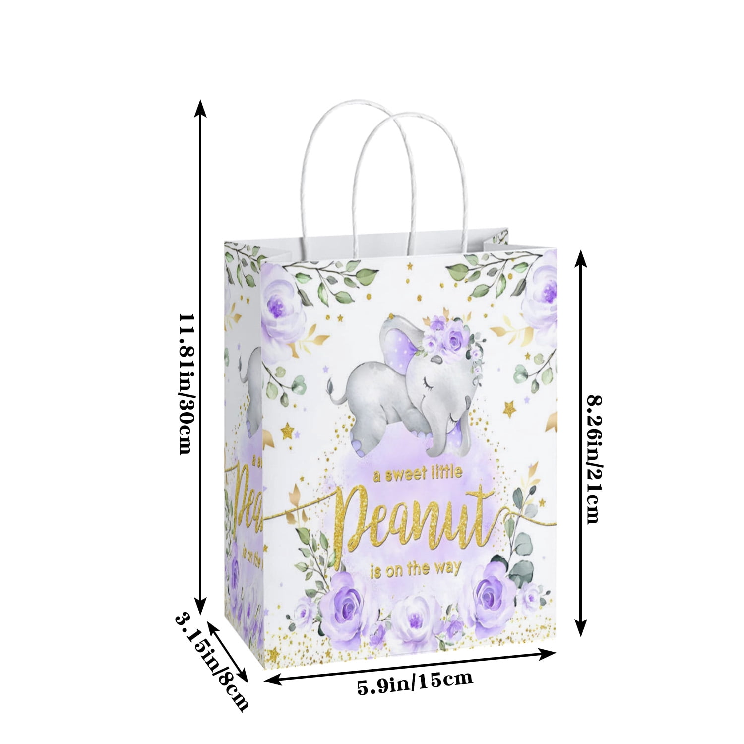 20Pcs Purple Elephant Baby Shower Party Favor Bags for Boys Girls Neutral A Little Peanut is On The Way Floral Cake Table Decoration Welcome Newborn Party