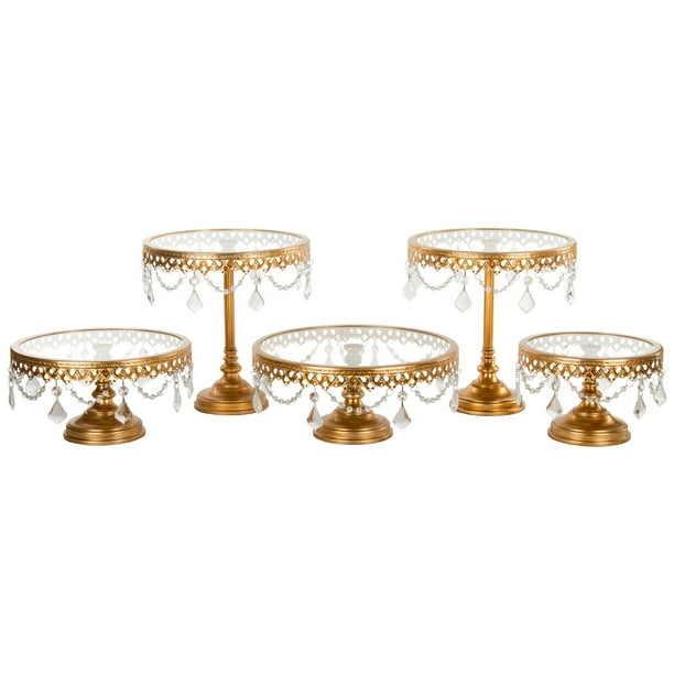 Amalfi Décor 5 Piece Glass Top Crystal Cake Stand Set Gold Stainless Steel Frame Com Glass Top Crystal Cake Stand Set, Silver Round Metal Cake Stand With Mirror Top
