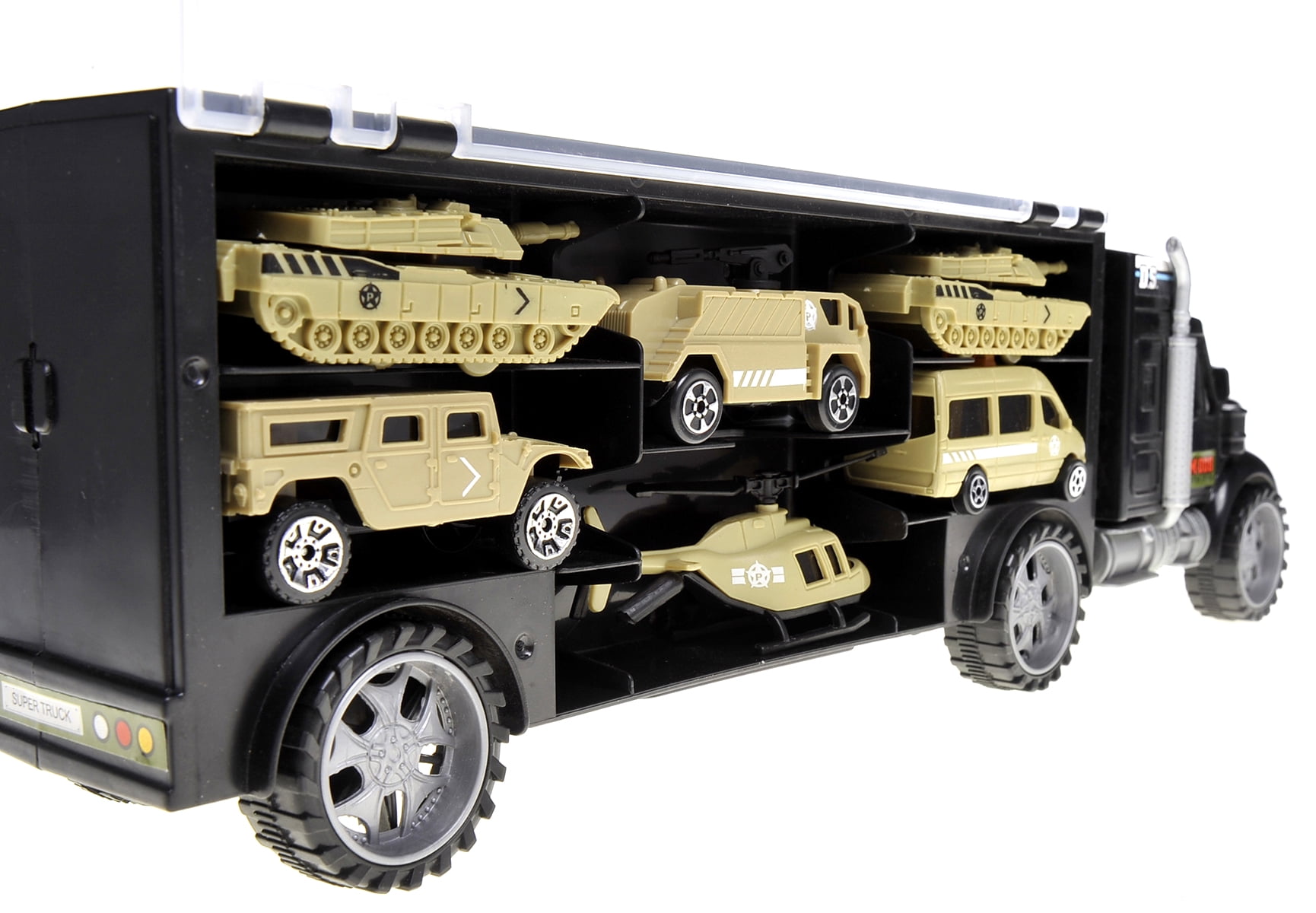 Mega Militia Military Transport Car Carrier With 6 Army Cars