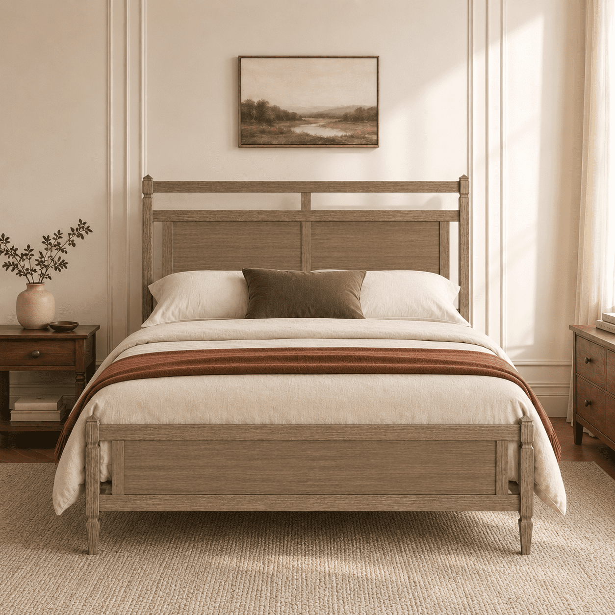 Euroco Modern Wood Queen Size Platform Bed, Mid-Century Bed Frame with Panel Headboard, No Box Spring Needed, Gray Oak
