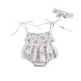 thumbnail image 1 of 2Pcs Baby Summer Outfits Floral Printed Spaghetti Strap Romper Bowknot Headband, 1 of 5