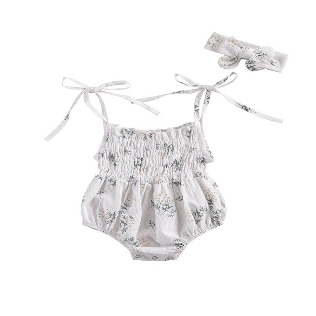 2Pcs Baby Summer Outfits Floral Printed Spaghetti Strap Romper Bowknot Headband