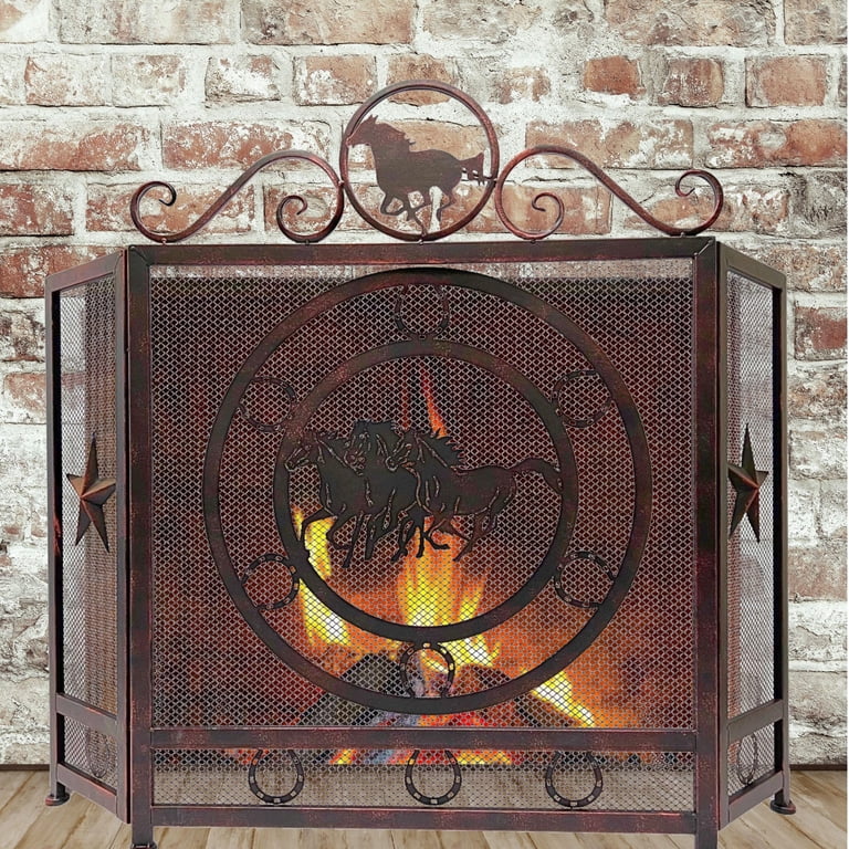 3-Panel Fireplace Screen With Galloping Horses Design - Metal Mesh Cover For Lodge, Cabin, Ranch Decor